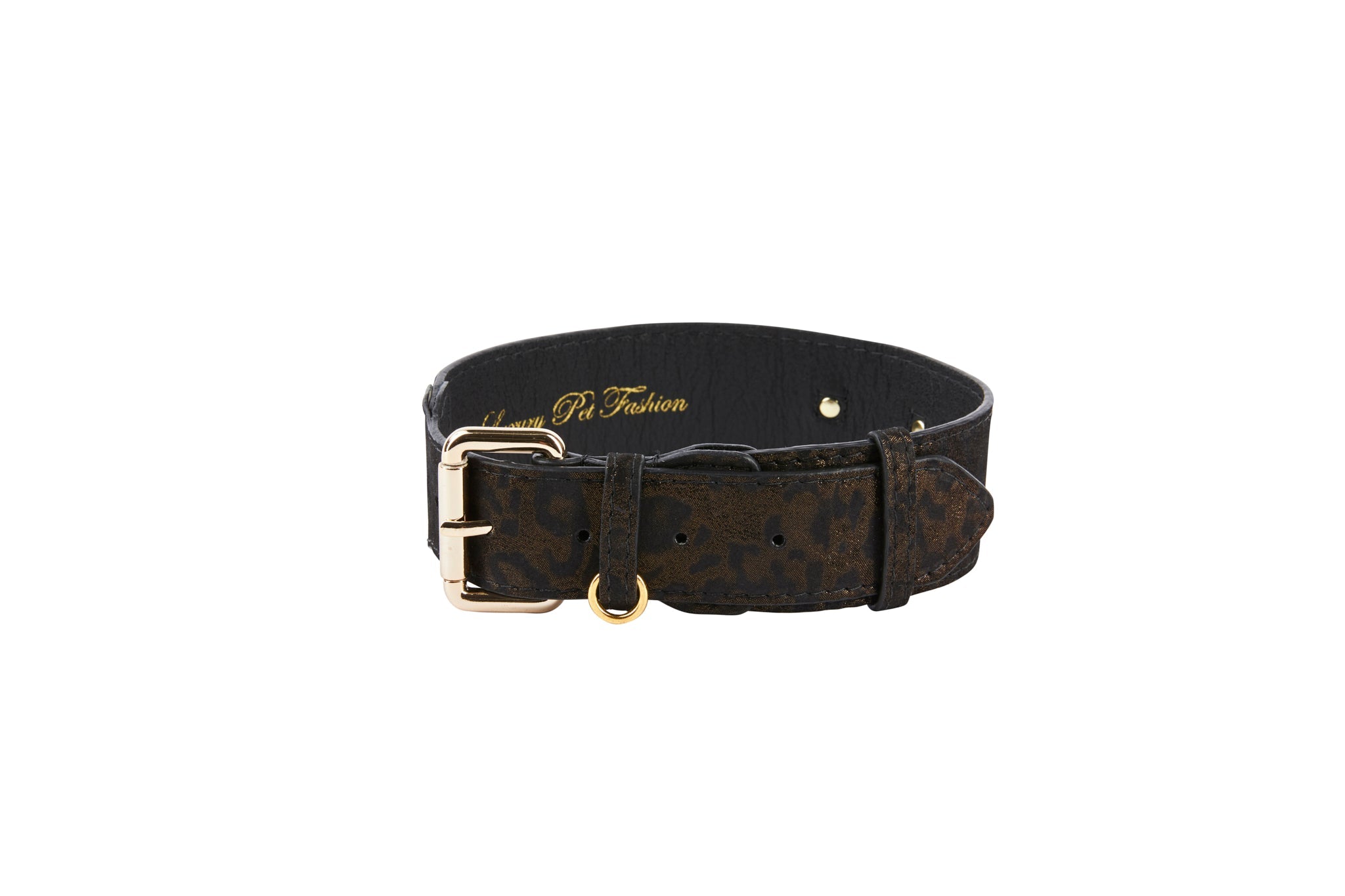 Dark Brown/Bronze Abstract Leopard Print Italian Leather Collar With Classic Hardware