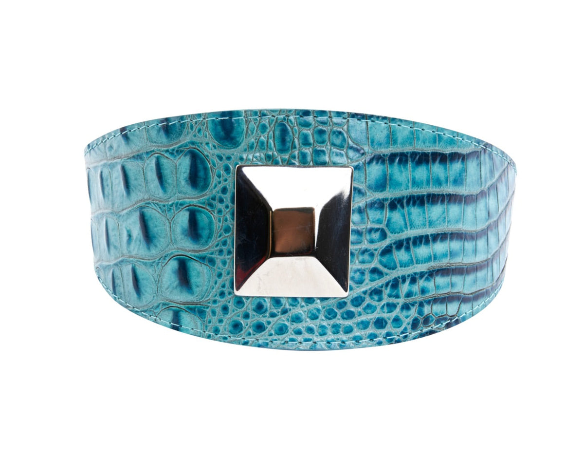Allysa Payne Turquoise Embossed Croc Italian Leather 3-Inch Wide Style Dog Collar With Large Silver Custom Rivet