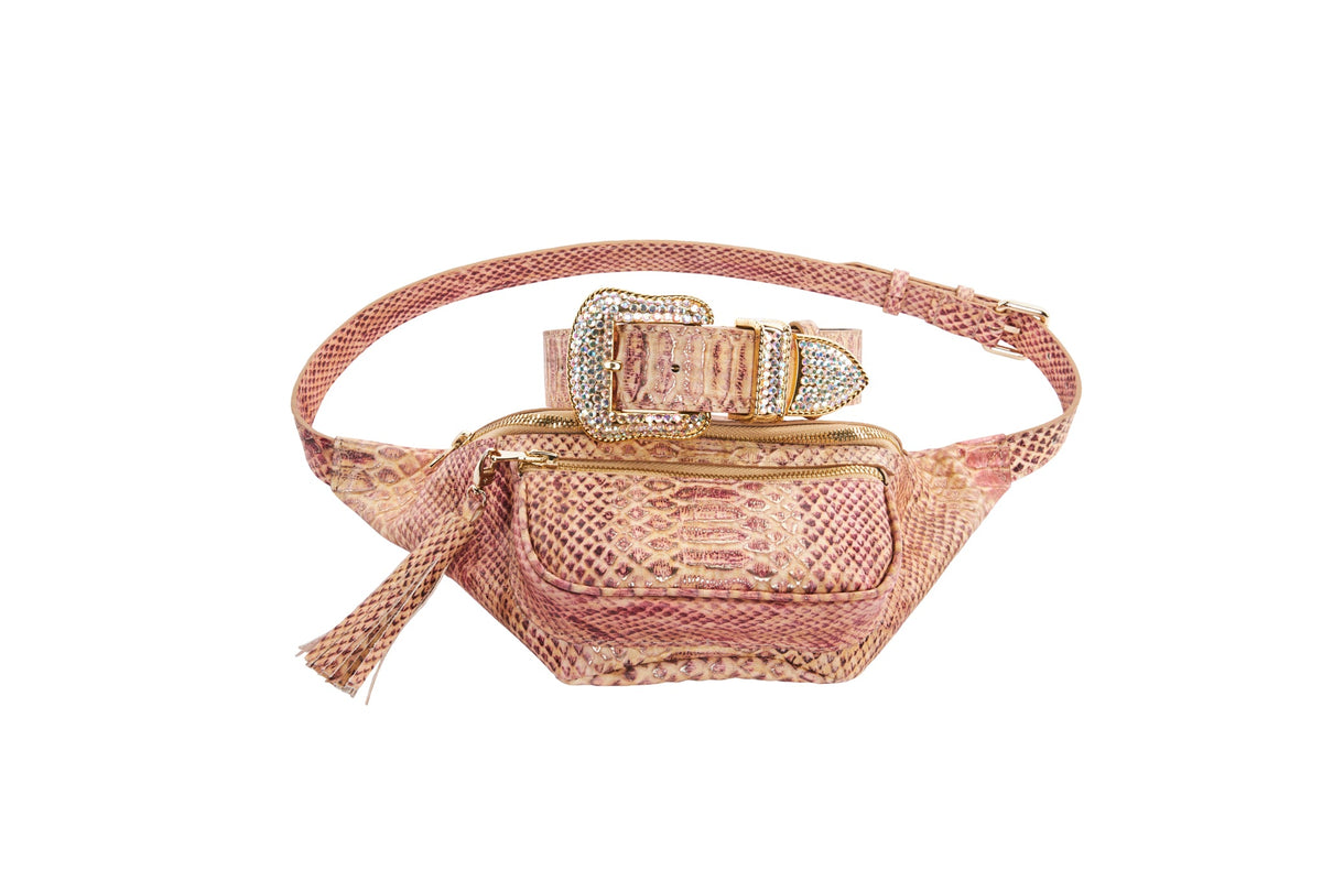 Allysa Payne Embossed Snake Italian Leather Belt Bag With Matching Swarovski Crystal Dog Collar