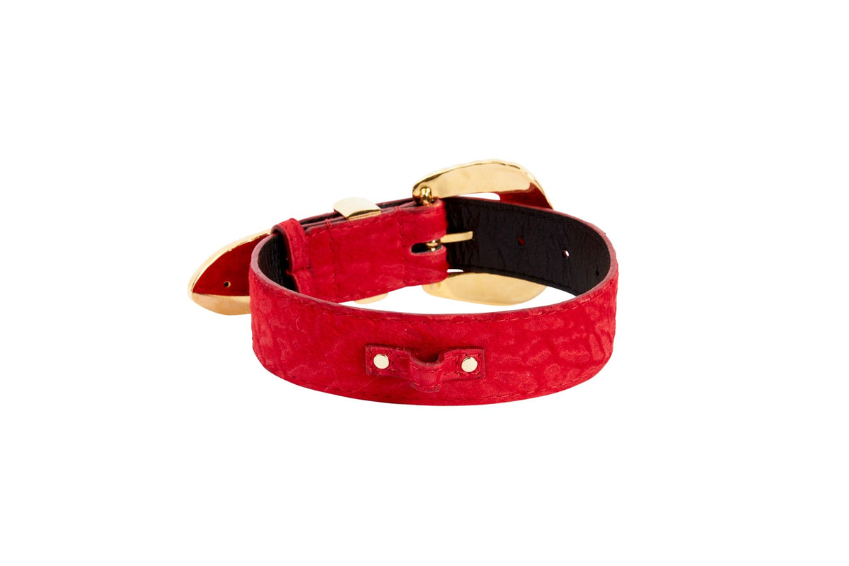 Allysa Payne Red Hair On Hide Italian Leather Dog Collar With Ornate Swarovski Hardware