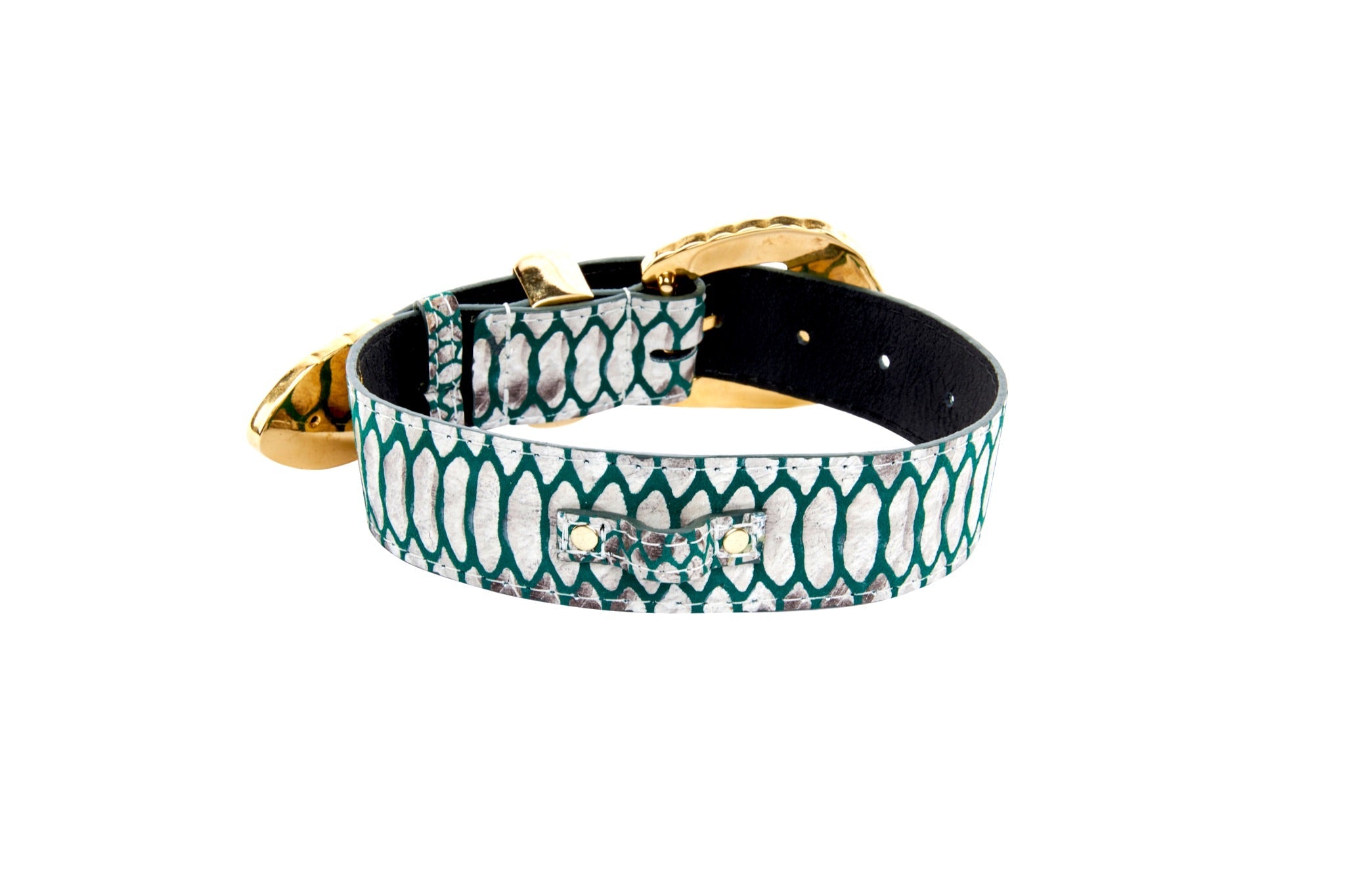 Green & Off White Embossed Python Print Italian Leather With Ornate Swarovski Crystal Hardware