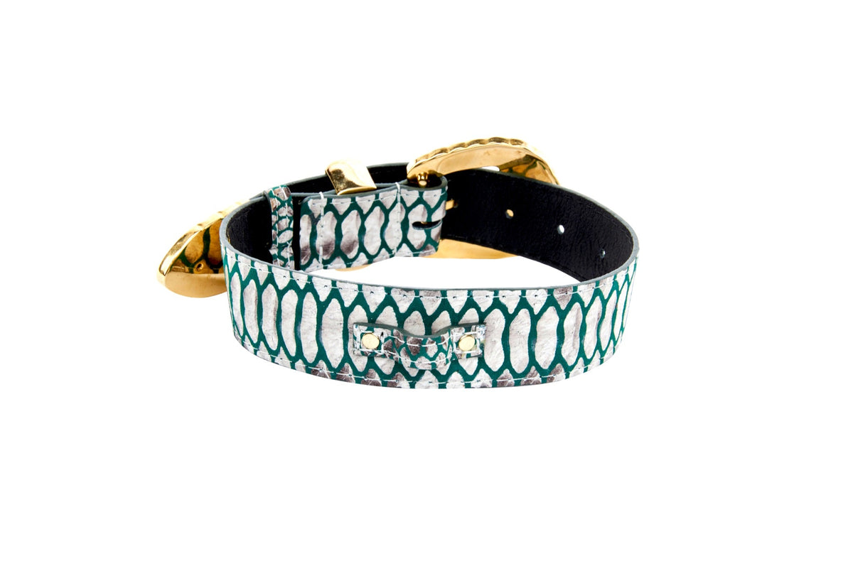 Allysa Payne Green & Off White Embossed Python Print Italian Leather With Ornate Swarovski Crystal Hardware Dog Collar