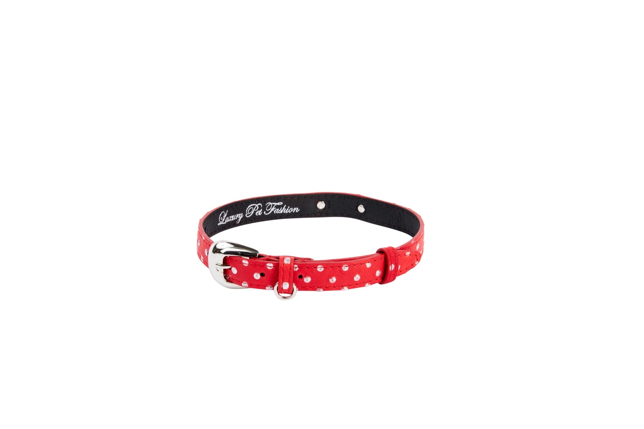 Red & Silver Polka Dot Italian Leather Collar With Oval Silver Hardware