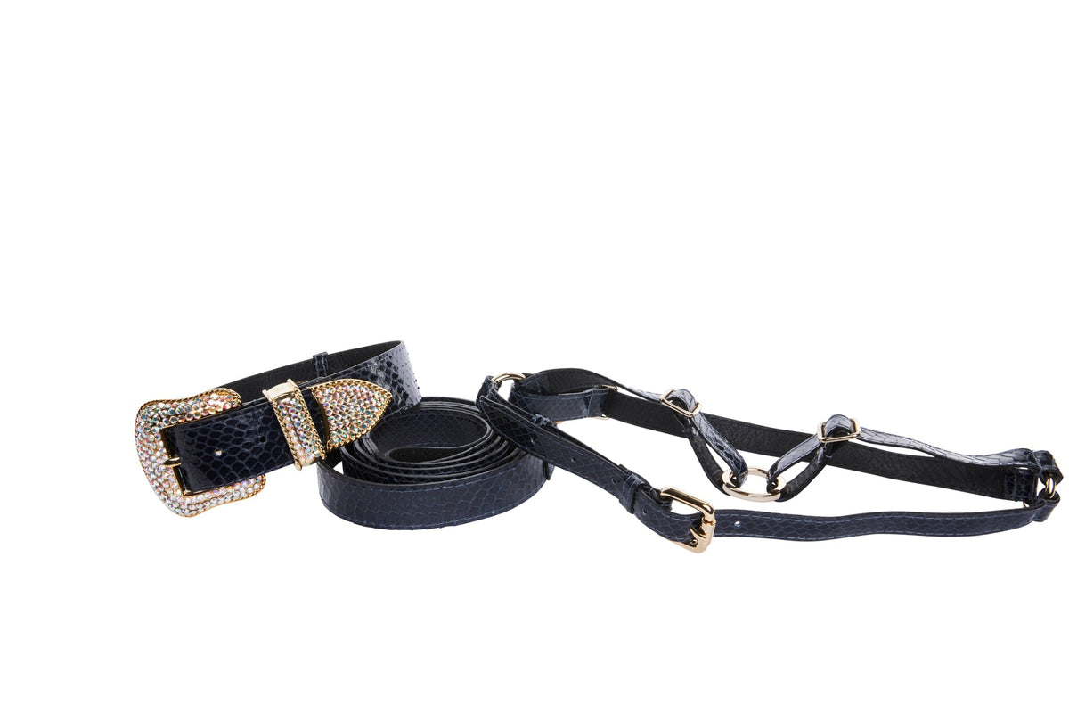 Allysa Payne Navy Blue Snake Swarovski Crystal Hardware Dog Collar, Leash & Harness Set