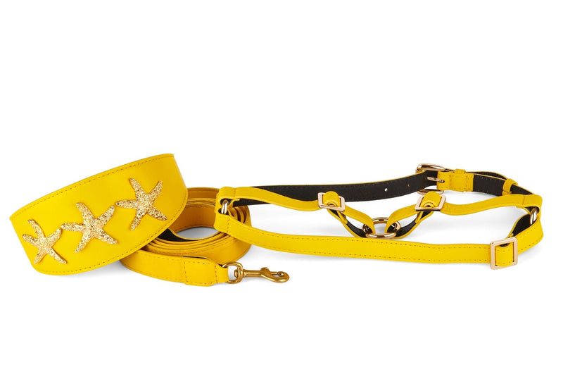 Smooth Yellow Italian Leather 3" Wide Style Collar Set With Custom Gold Starfish