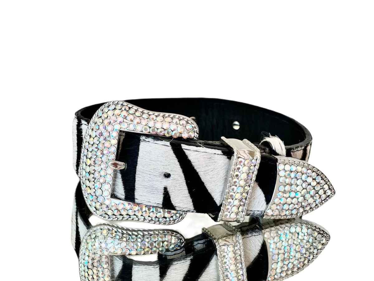 Allysa Payne Luxury Pet Fashion Tiger Print Hair On Hide Italian Leather Dog Collar With Swarovski Crystal Hardware