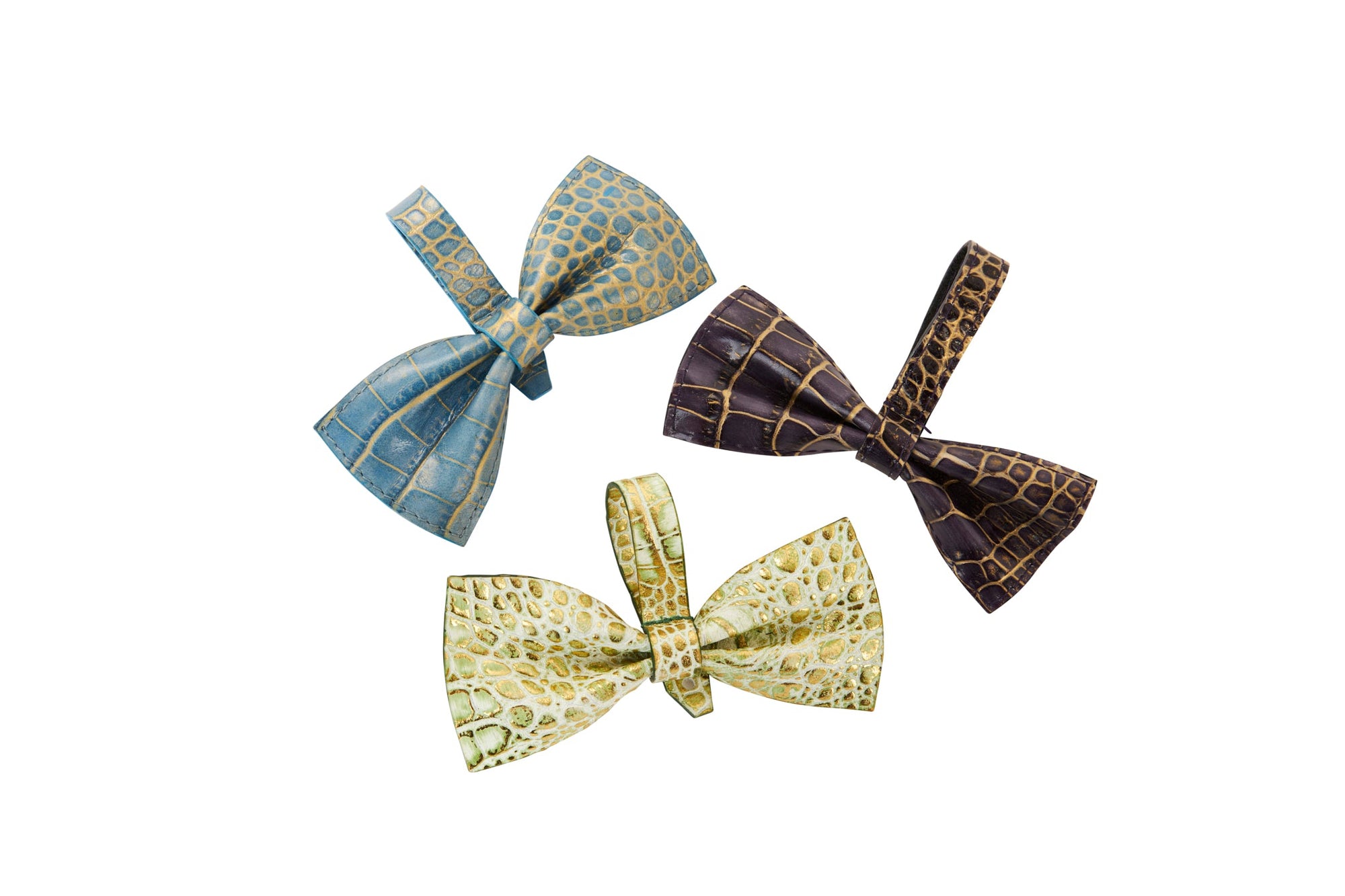Allysa Payne Blue, Purple & Green/Gold Embossed Croc Italian Leather Bowtie Set Of 3