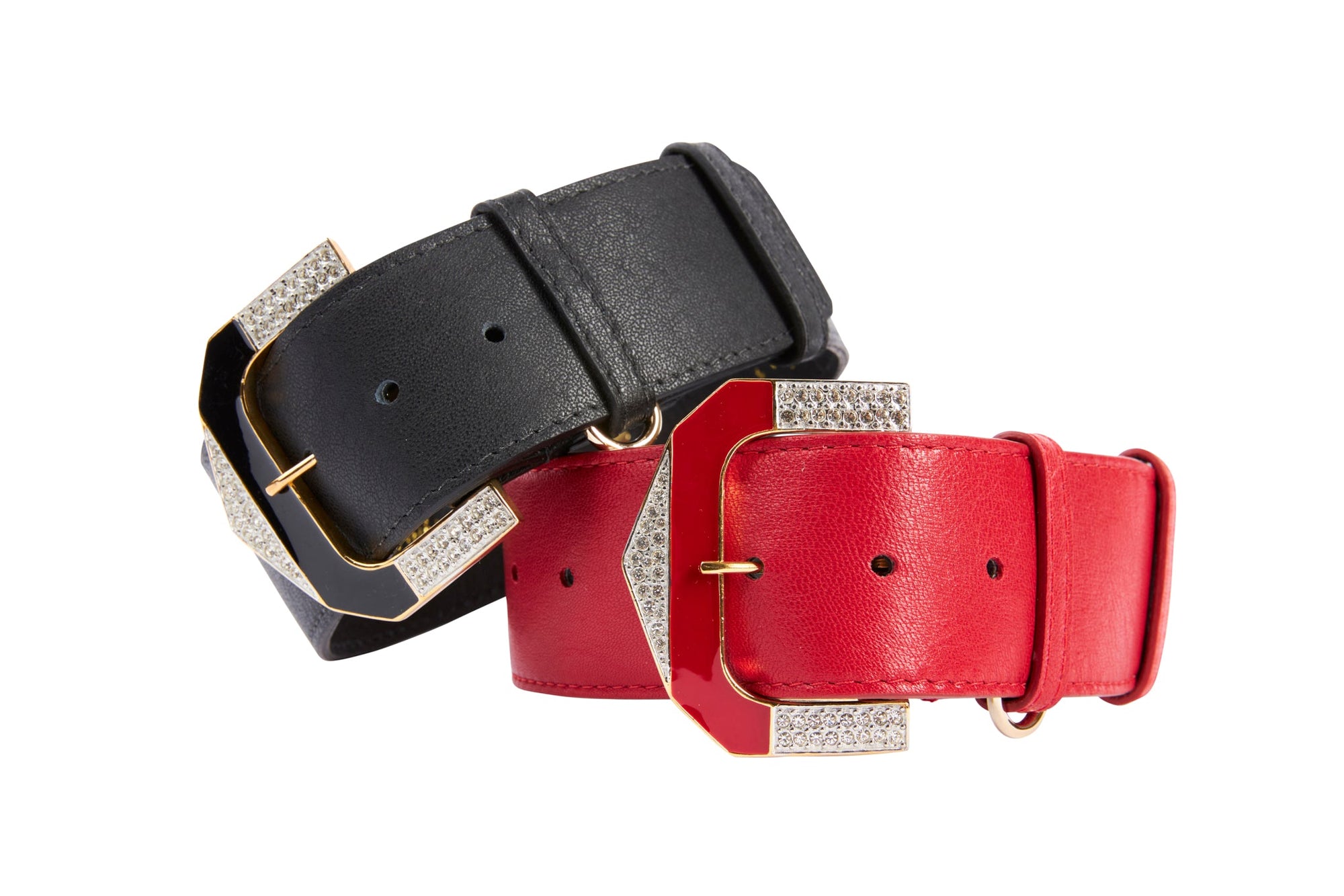 Allysa Payne Black Italian Leather & Red Italian Leather Dog Collar Set With Custom Glamorous Italian Hardware