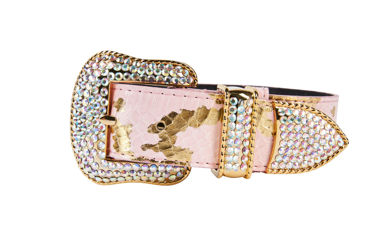 Allysa Payne Soft Pink/Gold Custom Snake Dog Collar With Swarovski Crystal Hardware