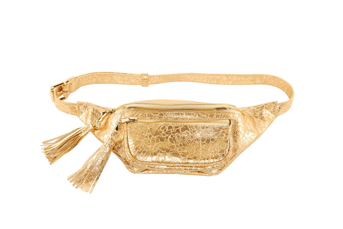 Allysa Payne Gold Floral Embossed Italian Leather Cross Body Belt Bag