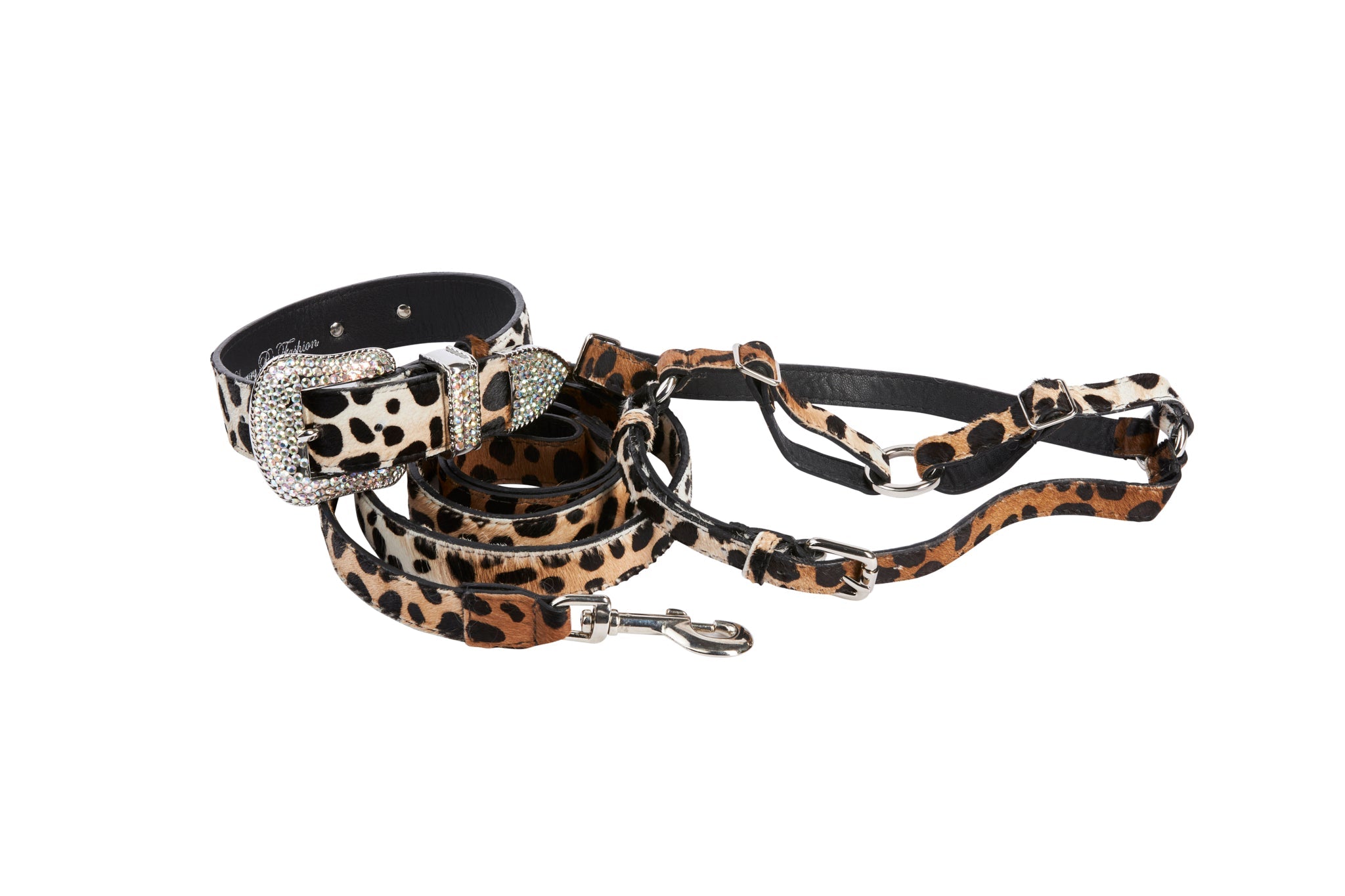Snow Leopard Print Hair On Hide Italian Leather Swarovski Crystal Collar, Leash, Harness Set