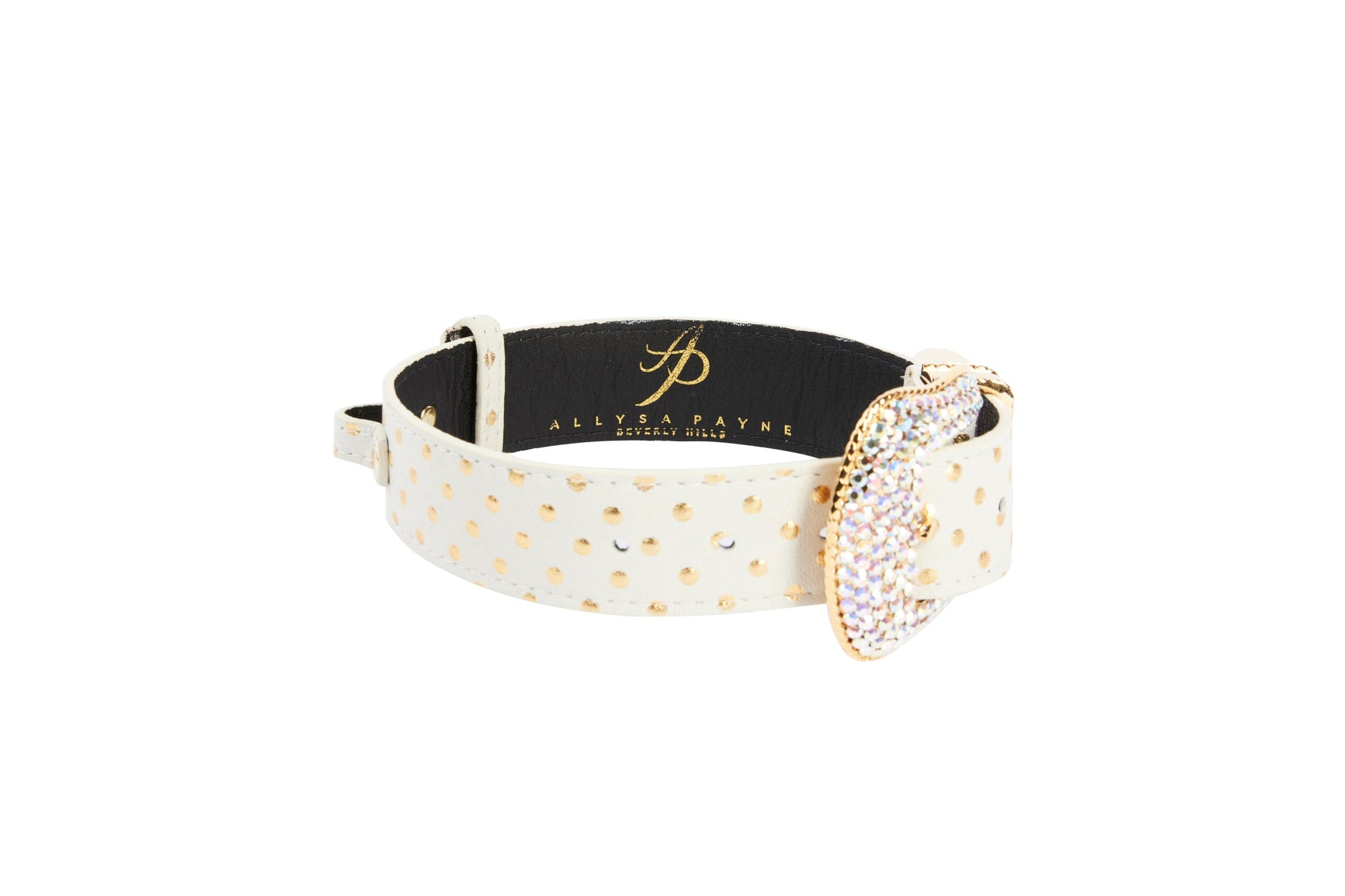 Allysa Payne XL White and Gold Polka Dot Italian Leather/Swarovski Crystal Hardware Dog Collar
