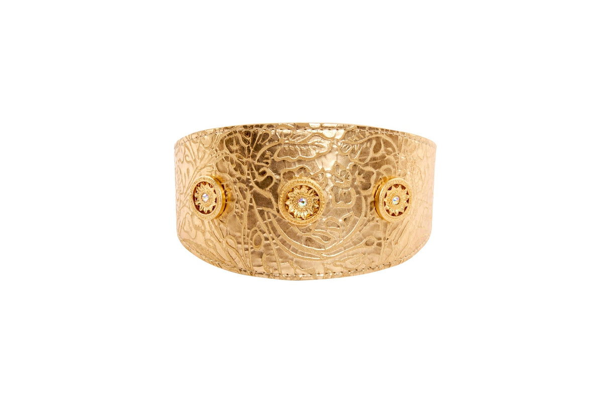 Allysa Payne Gold Floral Print Italian Leather With Gold Sunflower Rivets Dog Collar