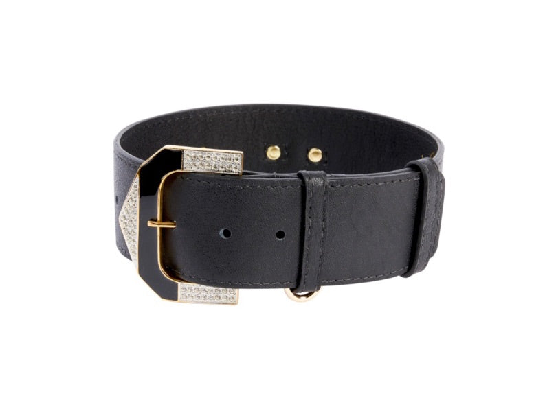 Allysa Payne Black Italian Leather Dog Collar With Glamorous Italian Hardware