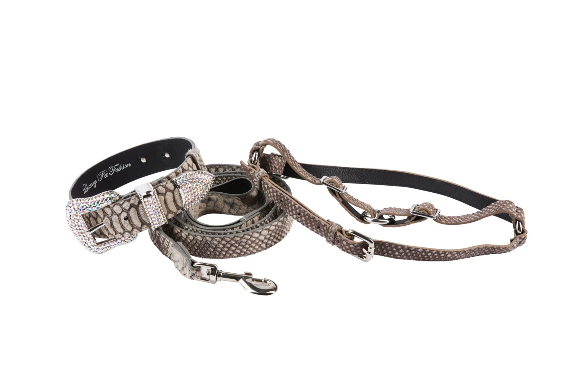 Grey Snake Print Hair On Hide Italian Leather Collar & Leash Set With Swarovski Crystal Hardware