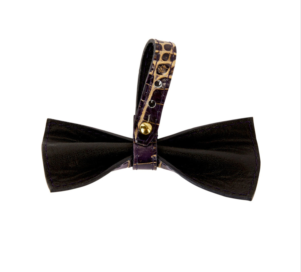 Allysa Payne Dark Purple/Gold Embossed Croc Italian Leather Dog Bow Tie