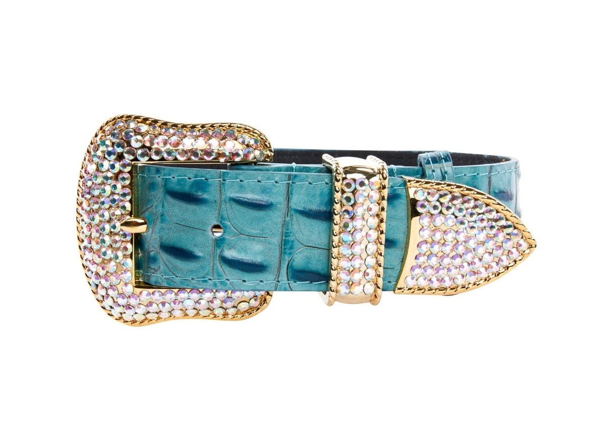 Allysa Payne Turquoise Embossed Croc Italian Leather/Swarovski Crystal Hardware Dog Collar
