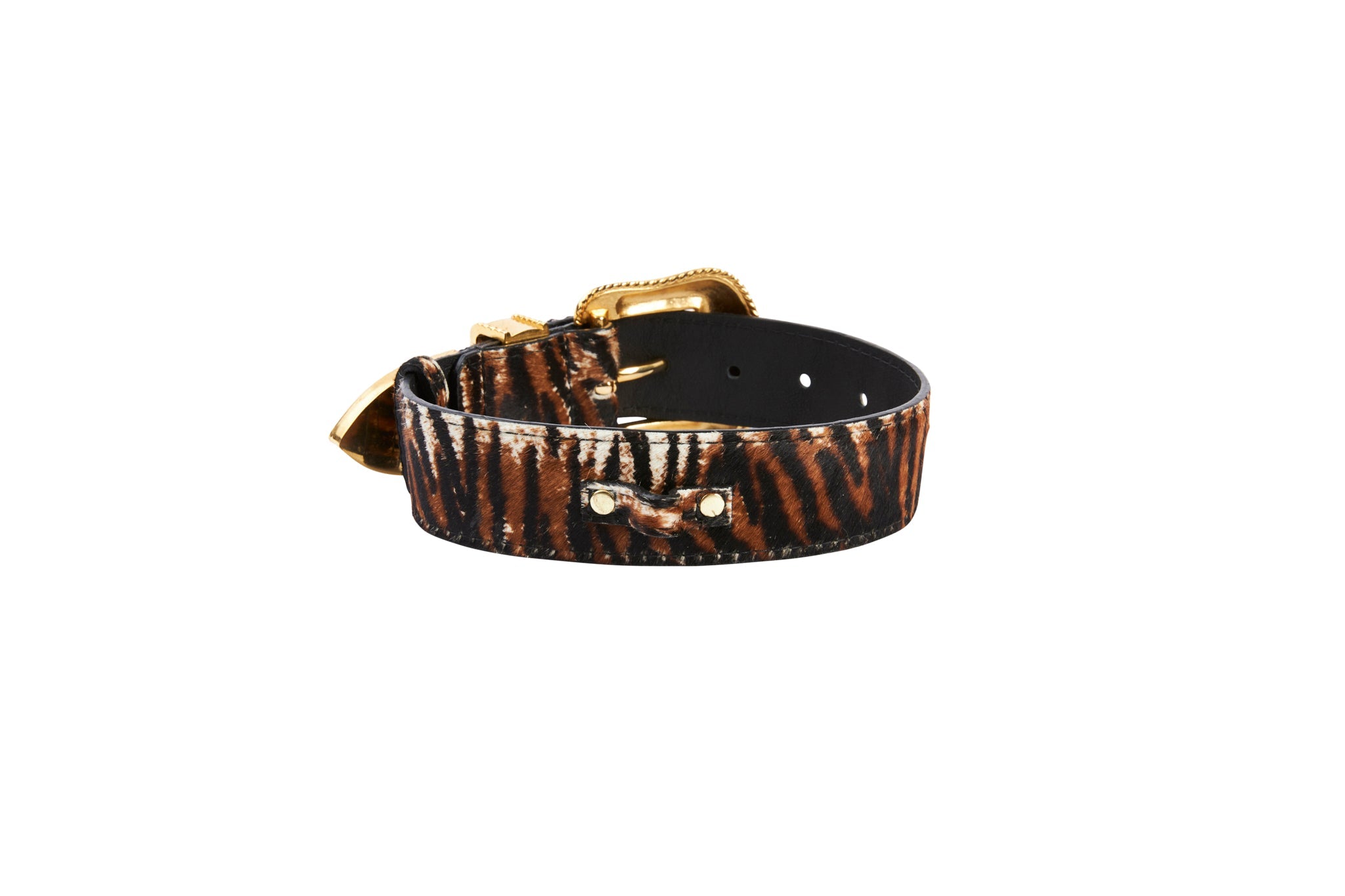 Tiger Print Hair On Hide Collar With Swarovski Crystal Hardware