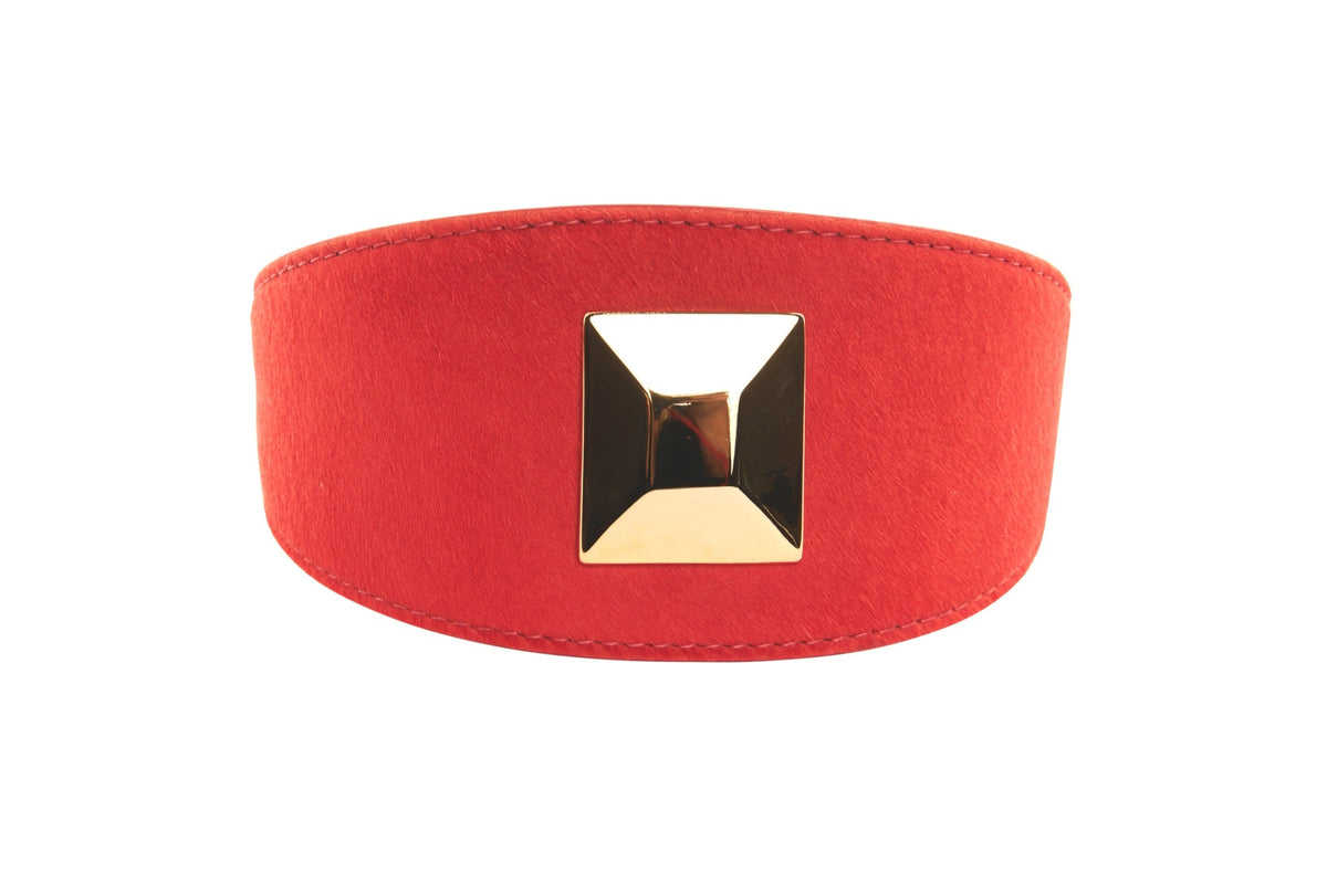 Allysa Payne Orange Hair On Hide Italian Leather With Our Large Gold Custom Rivet Dog Collar