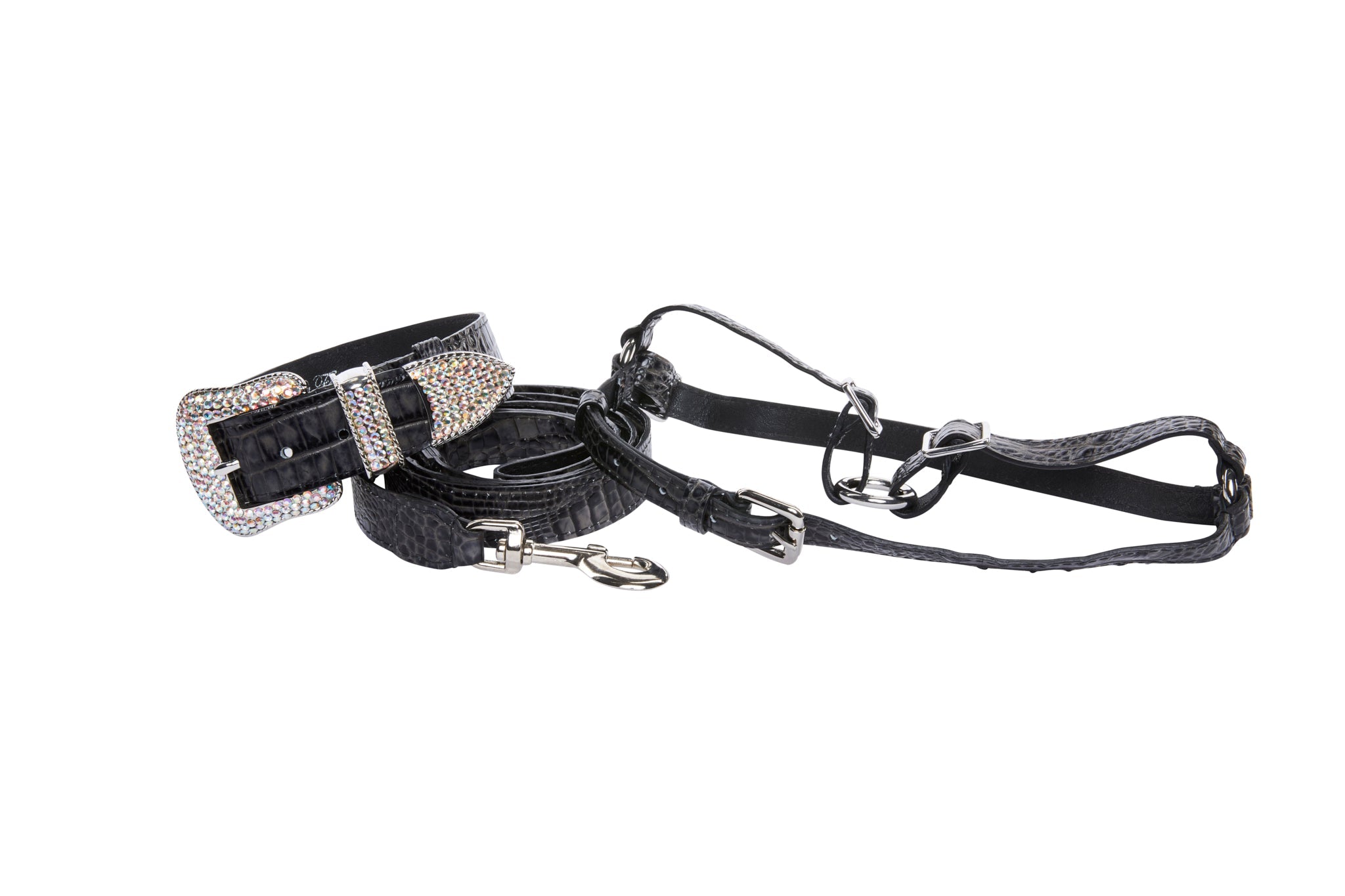 Dark Grey/Light Grey Embossed Croc Italian Leather Silver Swarovski Crystal Collar, Leash, Harness Set
