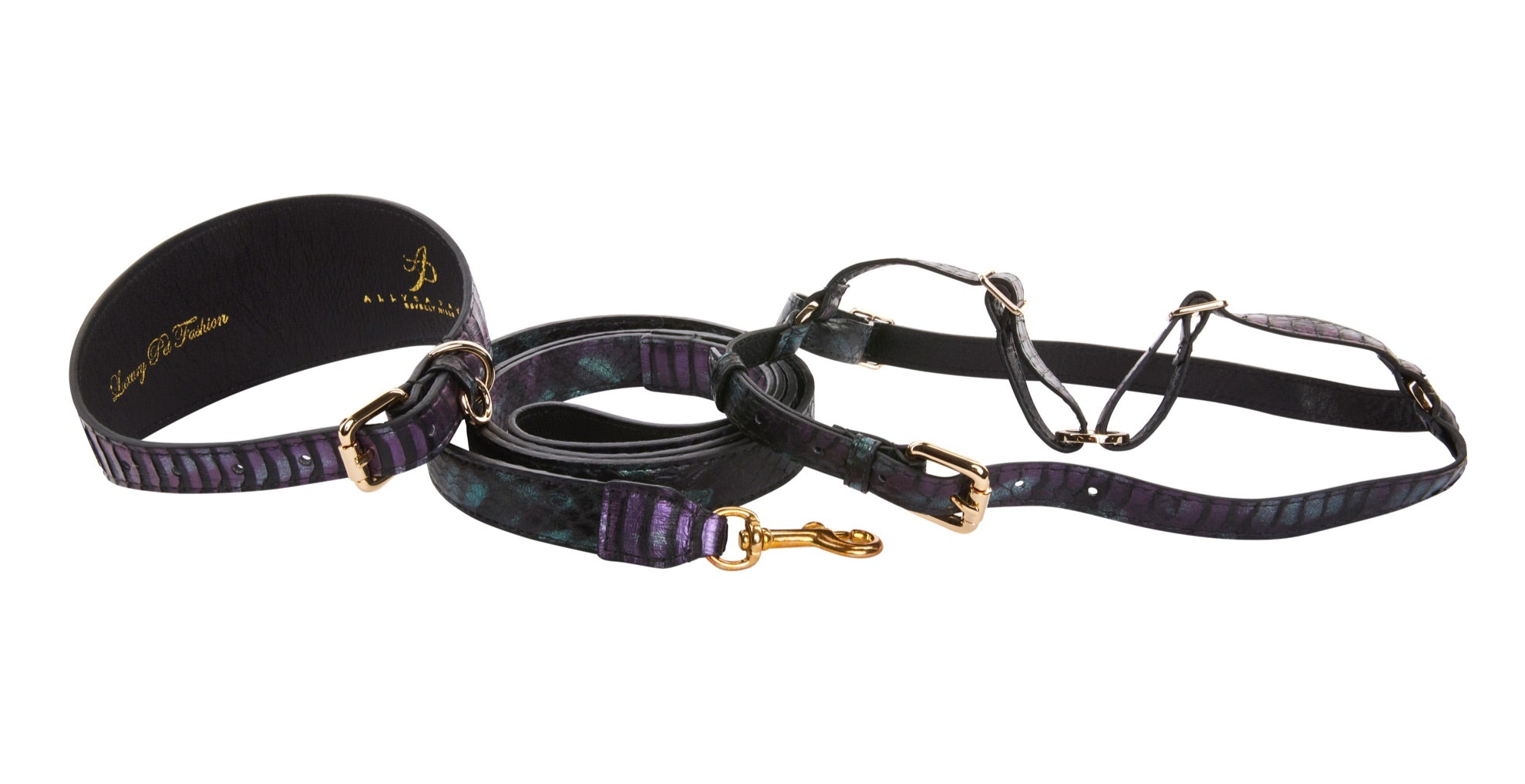 Black, Green, Purple Snake Wide Style Collar, Leash, Harness Set