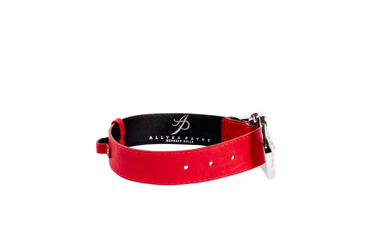 Allysa Payne Red Distressed Italian Leather With Silver Ornate Swarovski Hardware Dog Collar