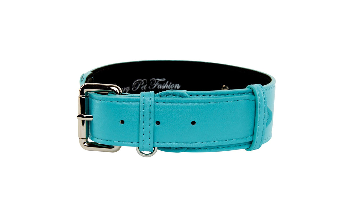 Allysa Payne Turquoise Blue Italian Leather Classic Dog Collar/Silver Classic Hardware