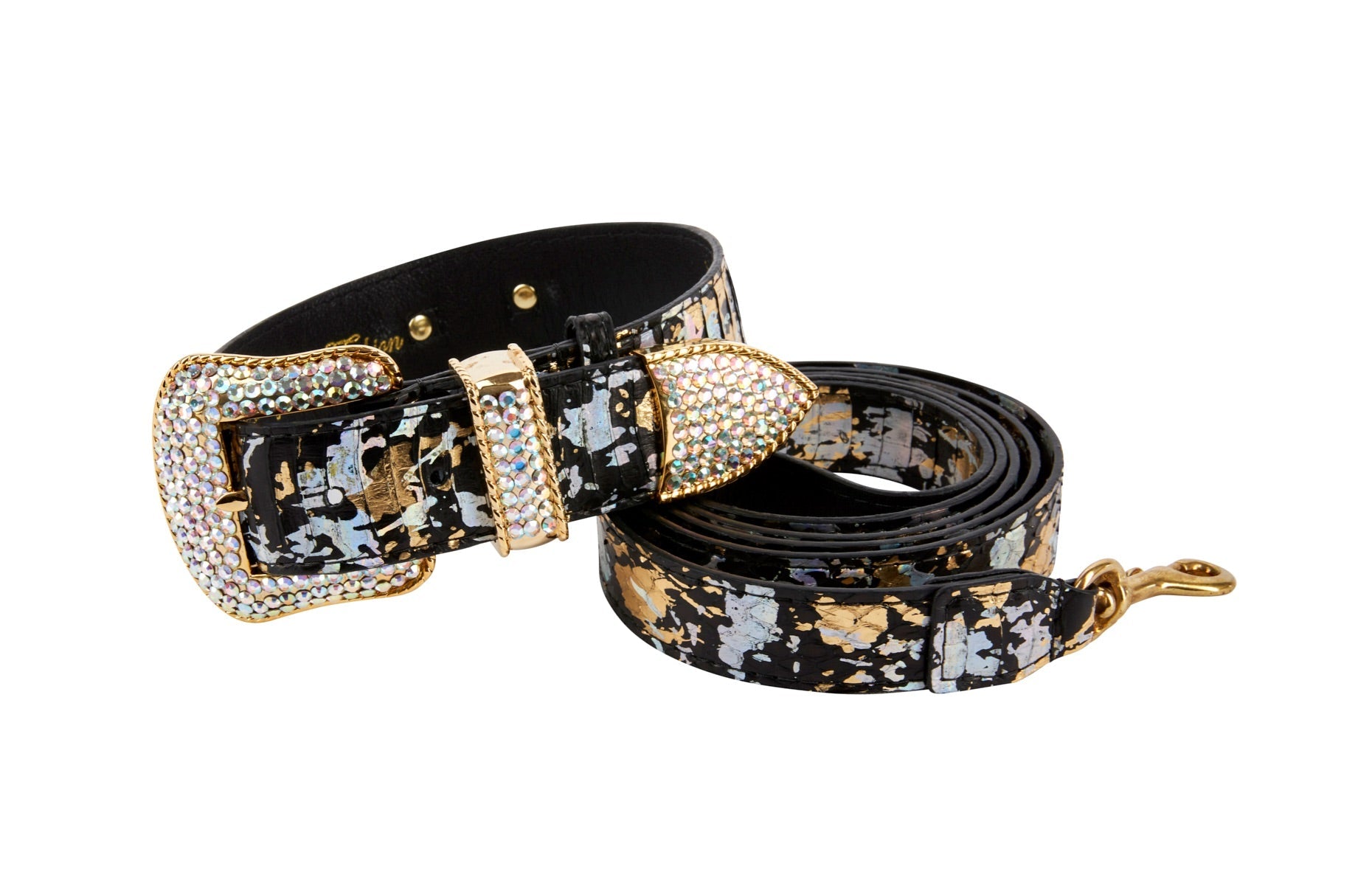 Allysa Payne Black, Gold, Silver Iridescent Snake With Swarovski Crystal Hardware Dog Collar & Leash Set