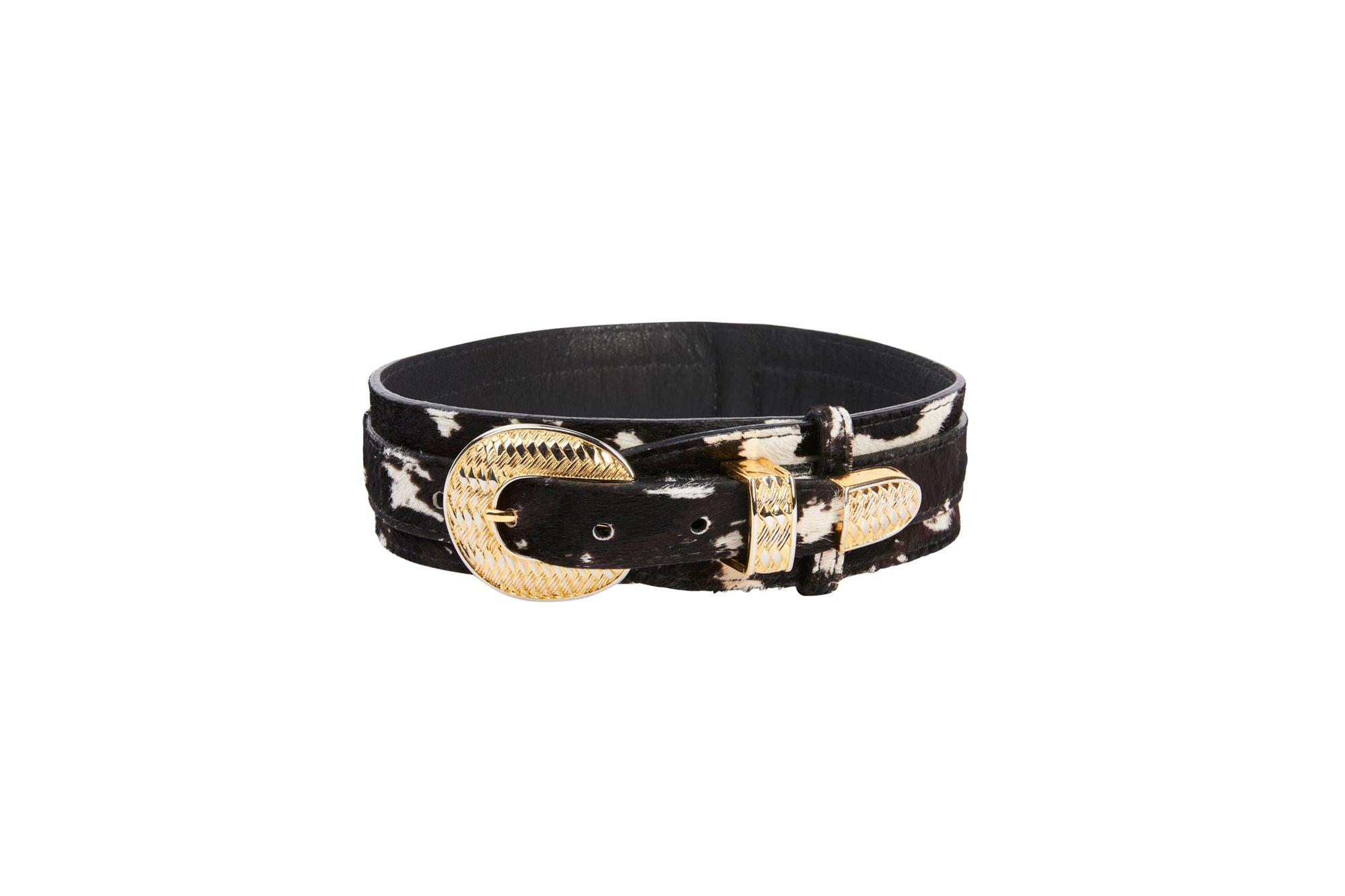 Allysa Payne Brown, White, Black Hair On Hide Italian Leather Dog Collar With 3 Piece Italian Hardware