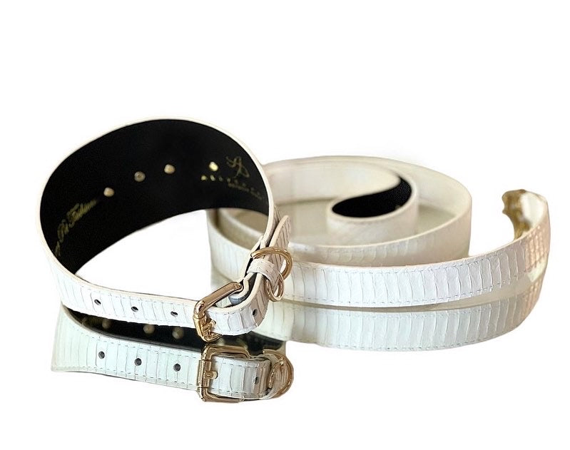 Allysa Payne Luxury Pet Fashion Matte White Snakeskin Wide Dog Collar & Leash Set