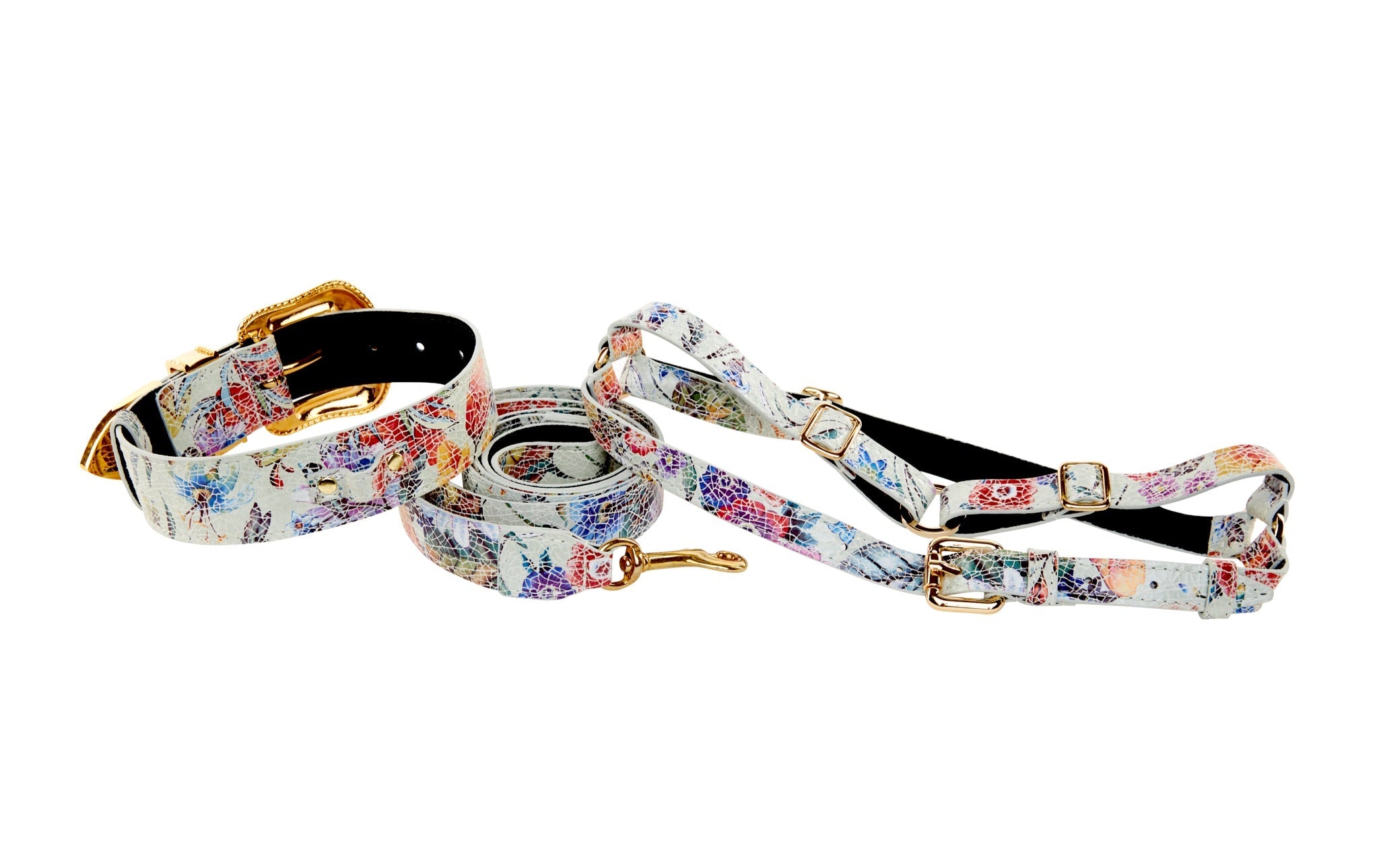 White Floral Mosaic Italian Leather/Swarovski Crystal Collar, Leash, Harness Set