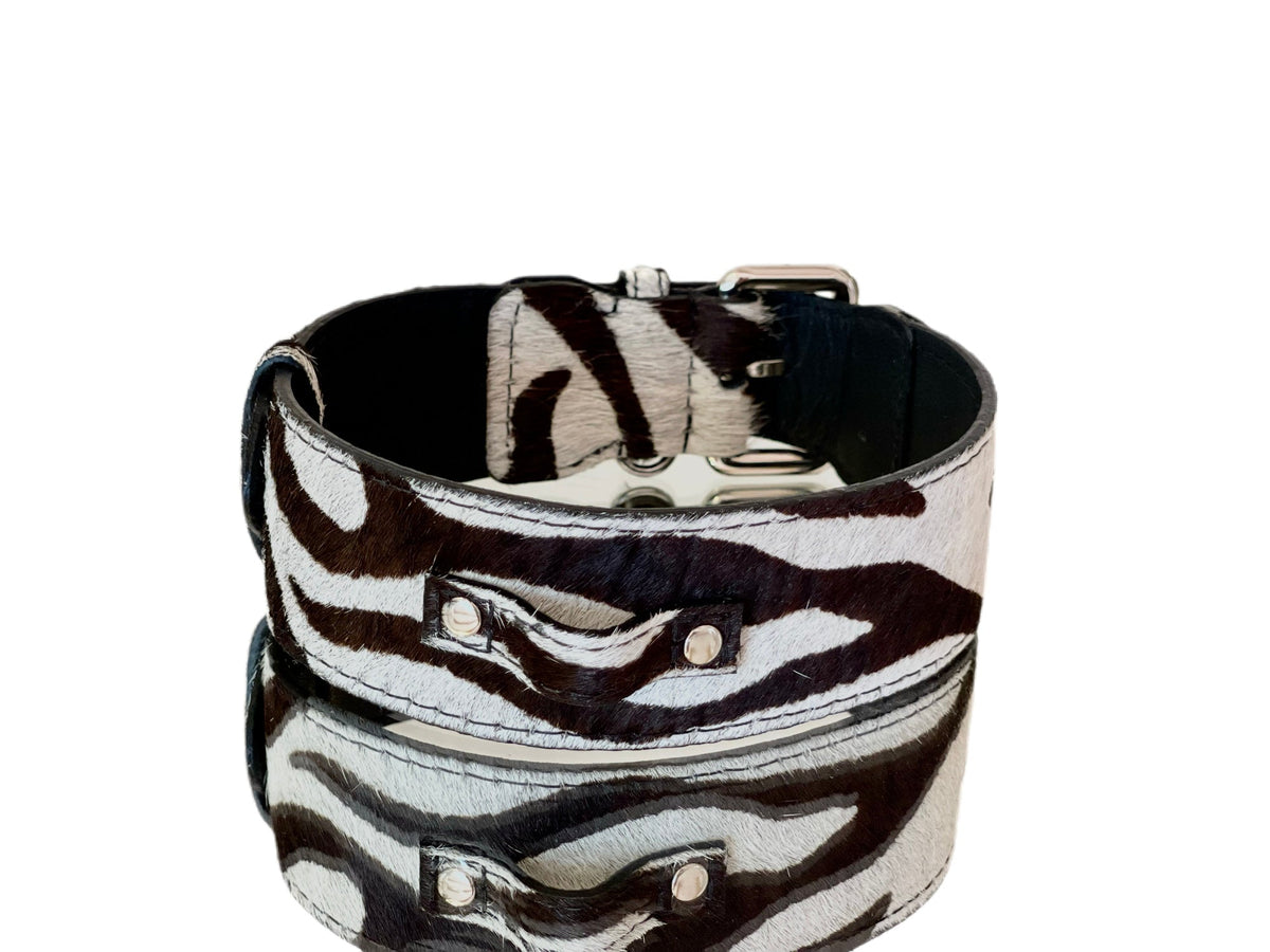 Allysa Payne Luxury Pet Fashion Zebra Print Hair On Hide Italian Leather Dog Collar With Classic Hardware