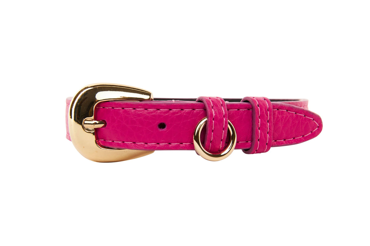 Allysa Payne Fuchsia Pink Italian Leather Dog Collar With Gold Oval Hardware