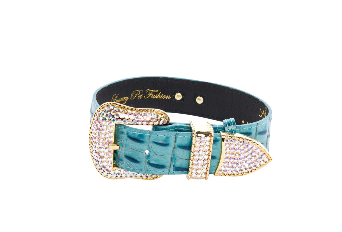 Allysa Payne Turquoise Embossed Croc Italian Leather/Swarovski Crystal Hardware Dog Collar