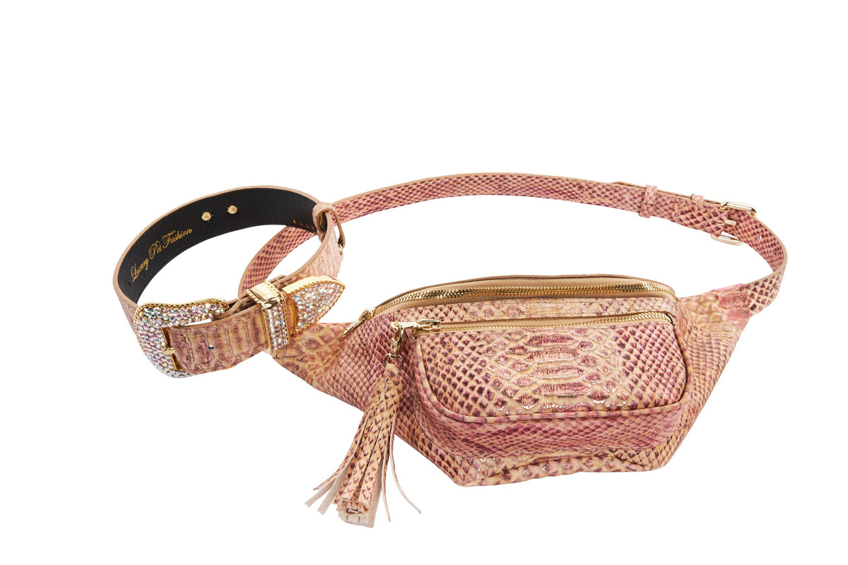 Allysa Payne Embossed Snake Italian Leather Belt Bag With Matching Swarovski Crystal Dog Collar
