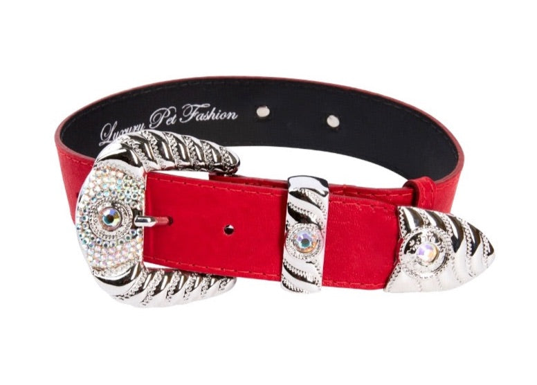 Allysa Payne Red Distressed Italian Leather With Silver Ornate Swarovski Hardware Dog Collar
