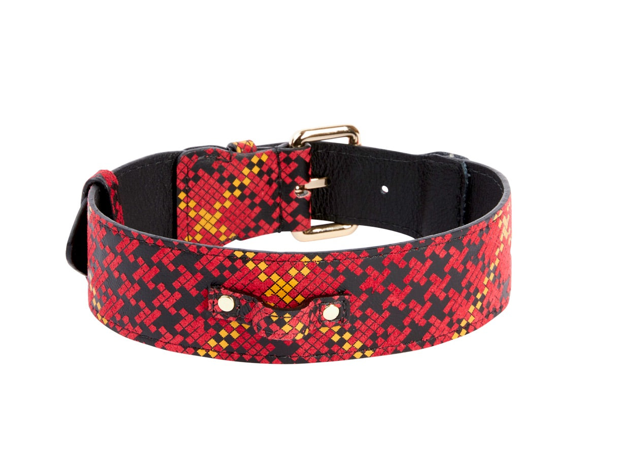Red, Black & Yellow Elegant Plaid Italian Leather Collar With Gold Classic Hardware