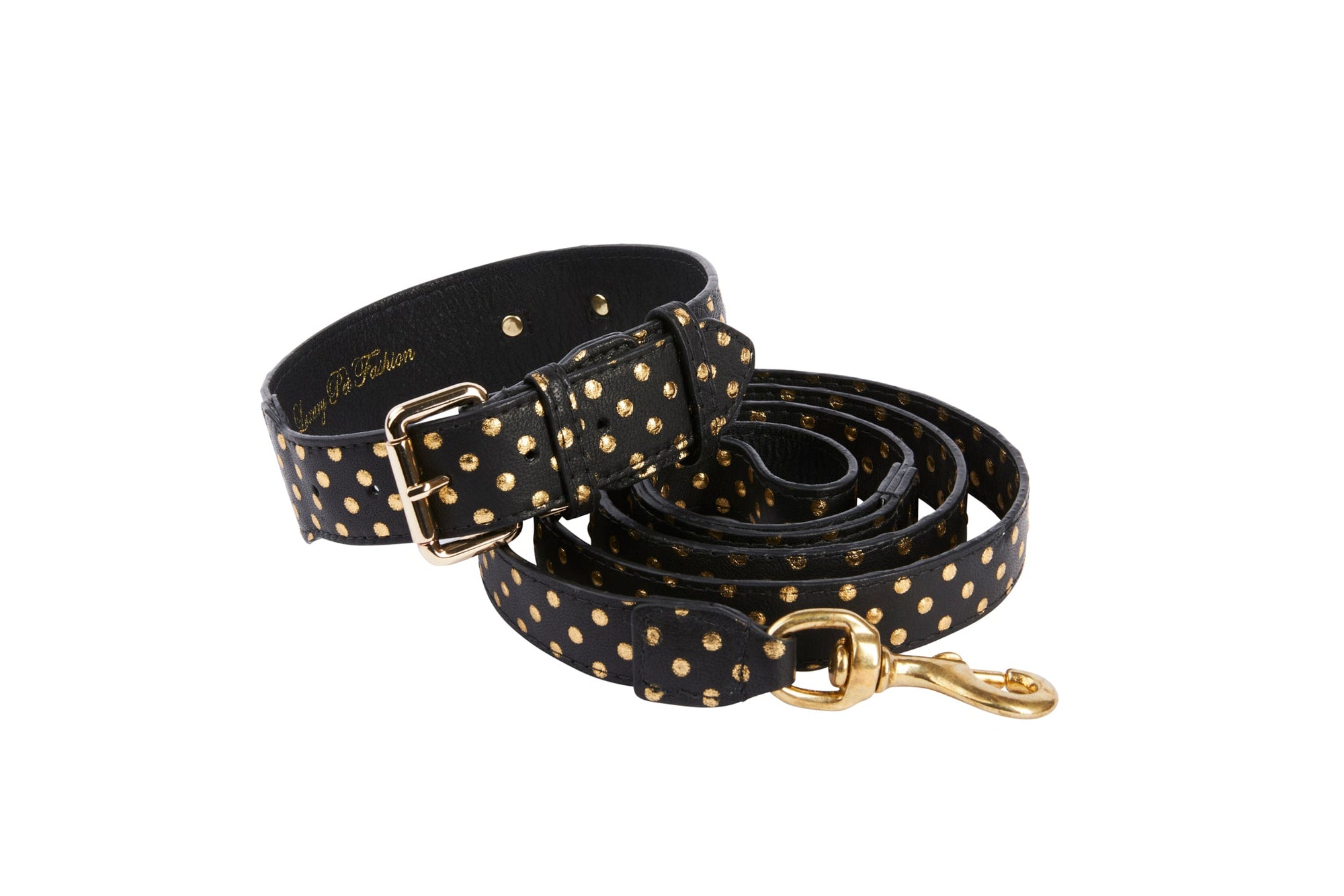 Allysa Payne Black & Gold Polka Dot Italian Leather Classic Dog Collar & Leash Set