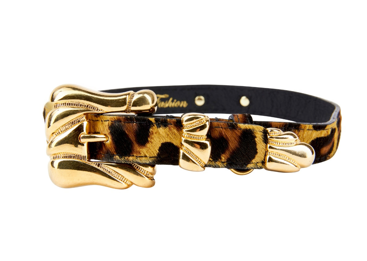 Allysa Payne Leopard Print Hair On Hide Italian Leather Dog Collar With Ornate Italian Hardware