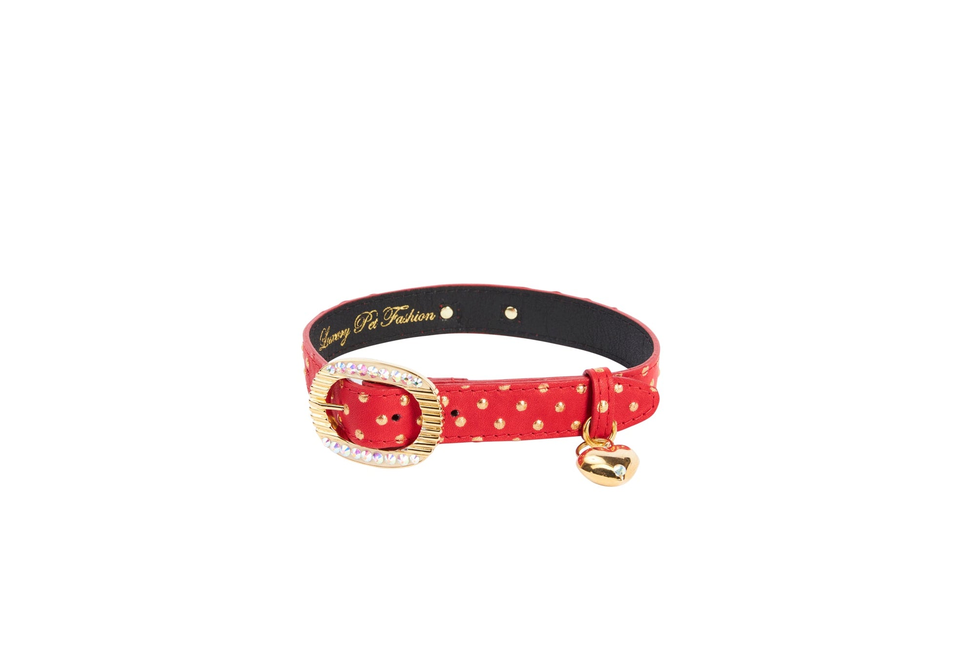 Allysa Payne Red & Gold Polka Dot Italian Leather Dog Collar With Italian/Swarovski Hardware & Heart Charm