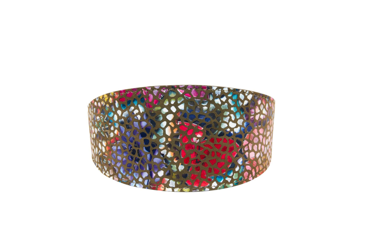 Allysa Payne Olive Floral Mosaic Italian Leather 3-Inch Wide Style Dog Collar