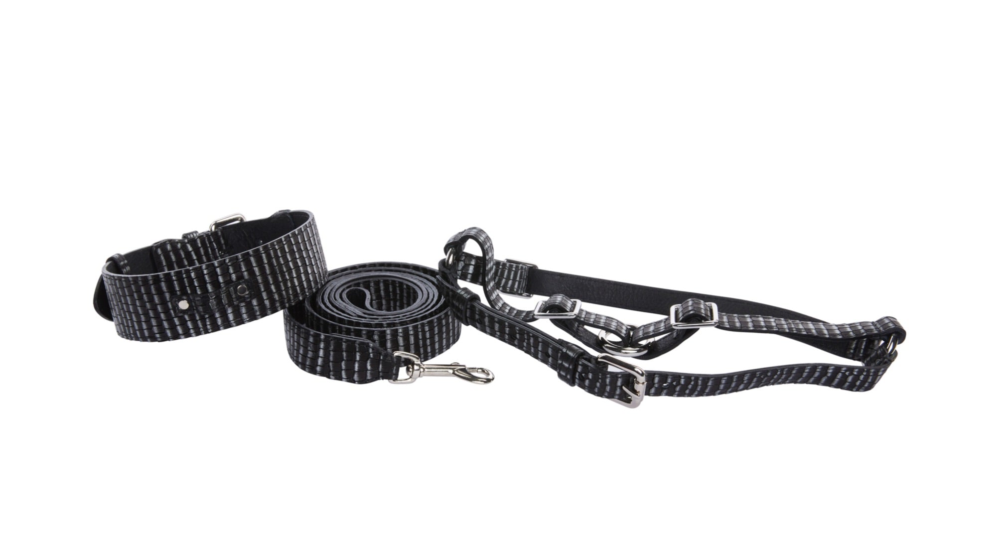 Allysa Payne Black & Silver Striped Italian Leather Classic With Silver Hardware Dog Collar, Leash & Harness Set