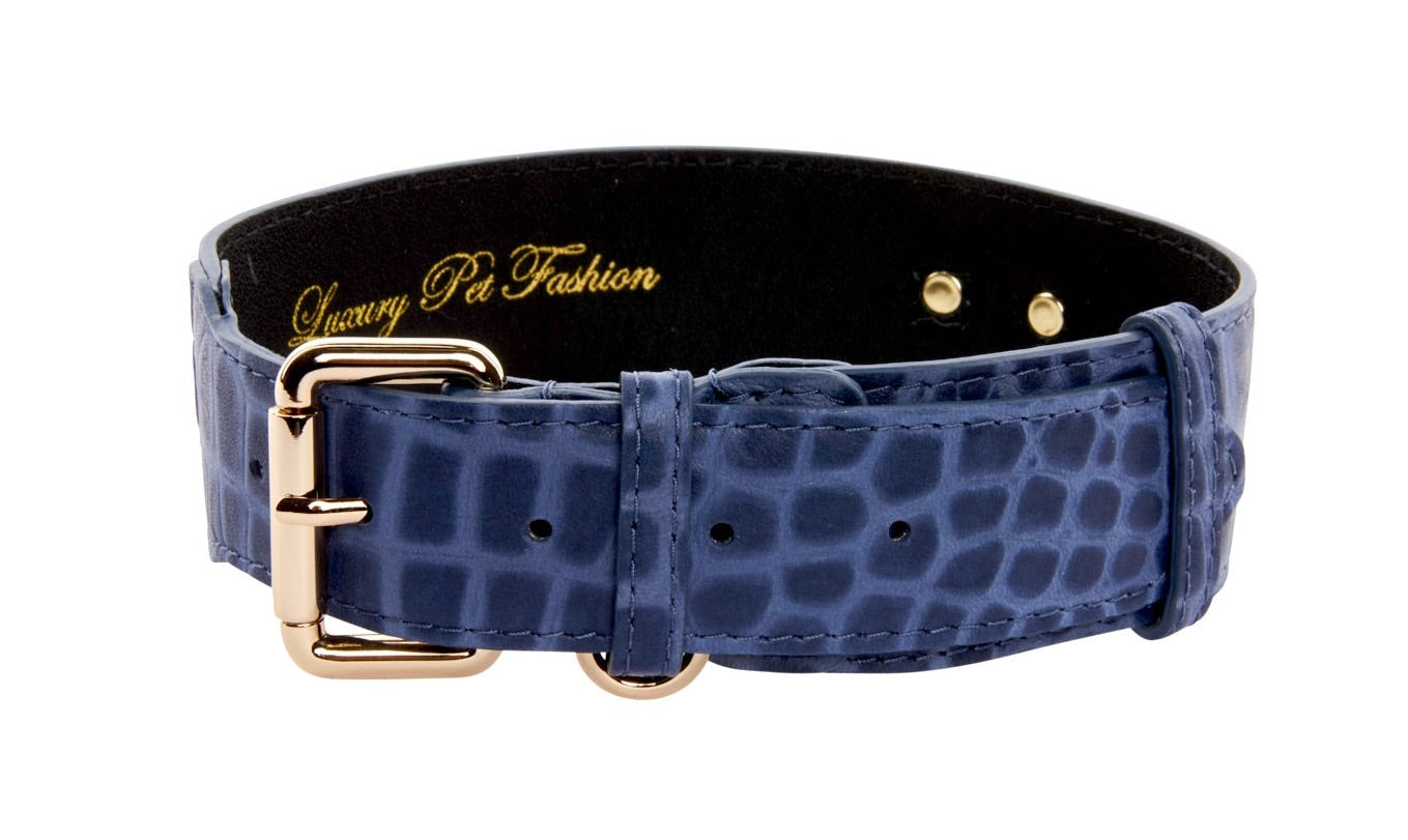 Allysa Payne Blue Embossed Croc Italian Leather Dog Collar With Gold Classic Hardware