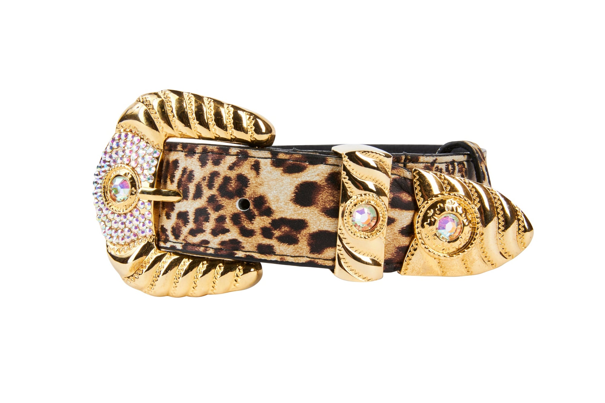 Allysa Payne Leopard Print Italian Leather Dog Collar With Swarovski Crystal Hardware Set Of 2