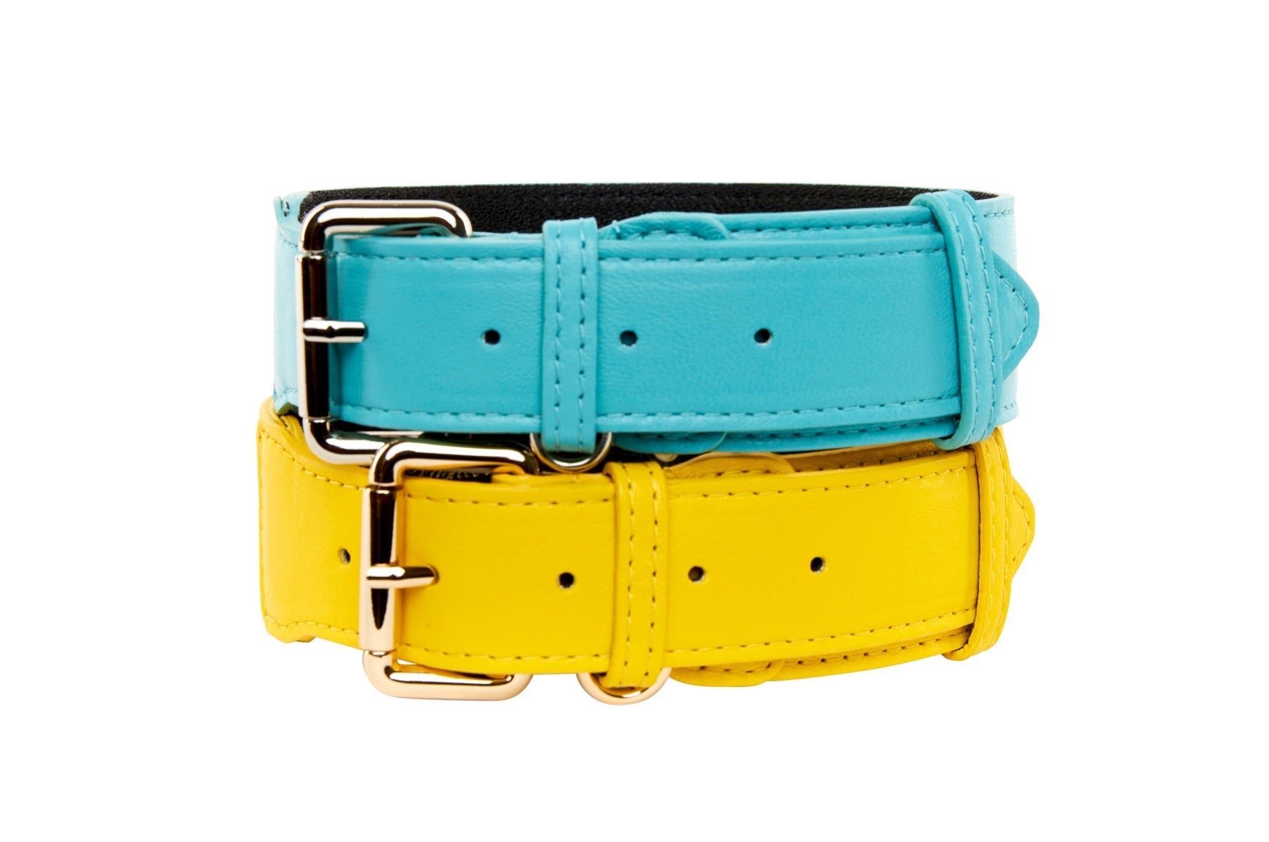 Turquoise Italian Leather/Silver Classic Hardware Collar & Yellow Italian Leather/Classic Gold Hardware Set