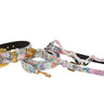 White Floral Mosaic Italian Leather Collar, Leash, Harness Set with Orante Swarovski Crystal Hardware