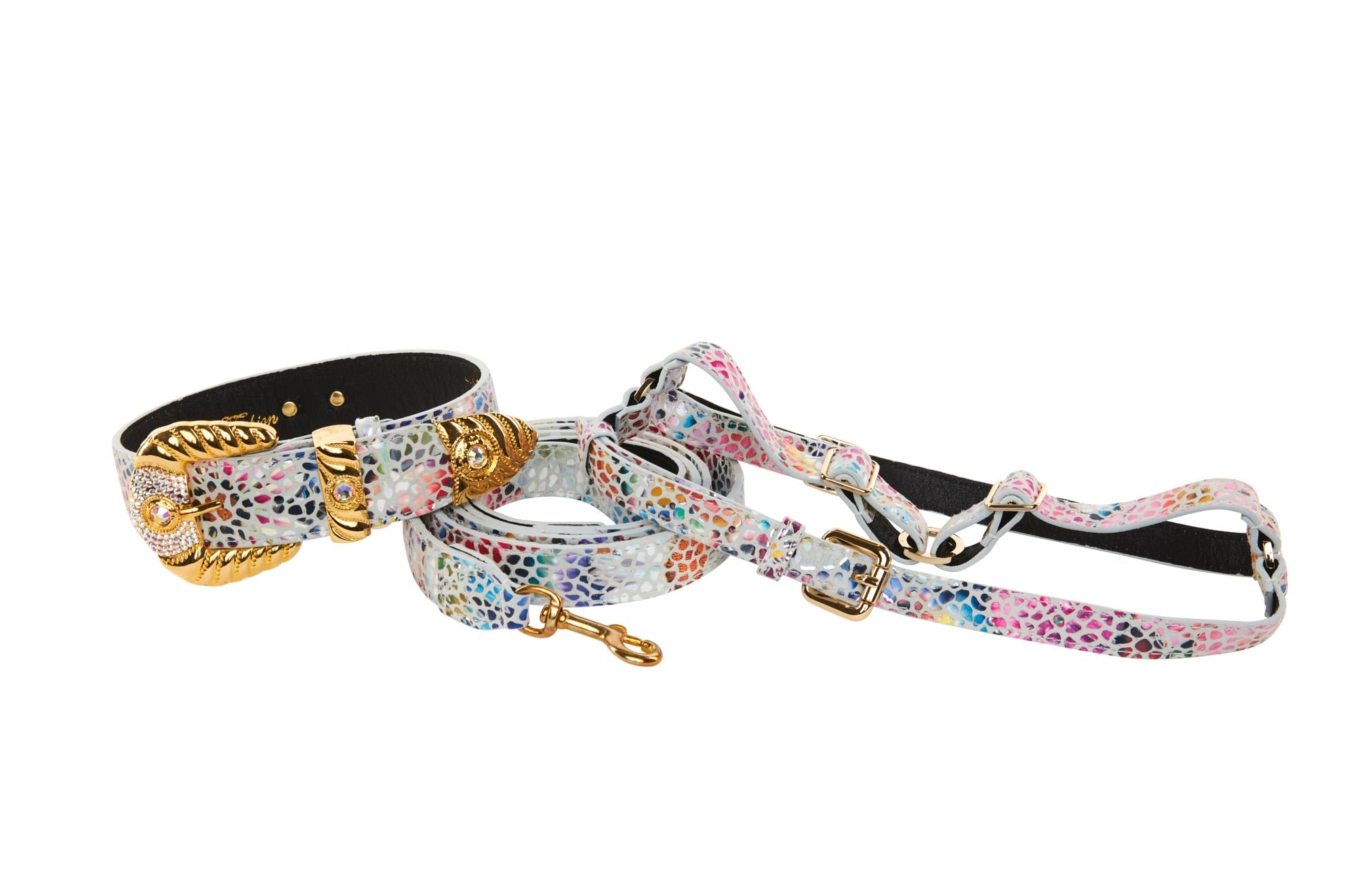 White Floral Mosaic Italian Leather Collar, Leash, Harness Set with Orante Swarovski Crystal Hardware