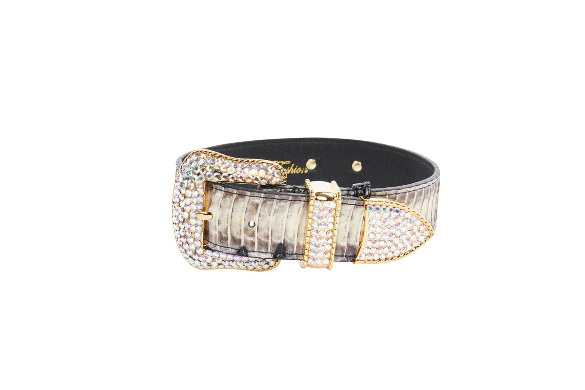 Allysa Payne Off White/Black Snake With Gold Swarovski Crystal Hardware Dog Collar & Leash Set
