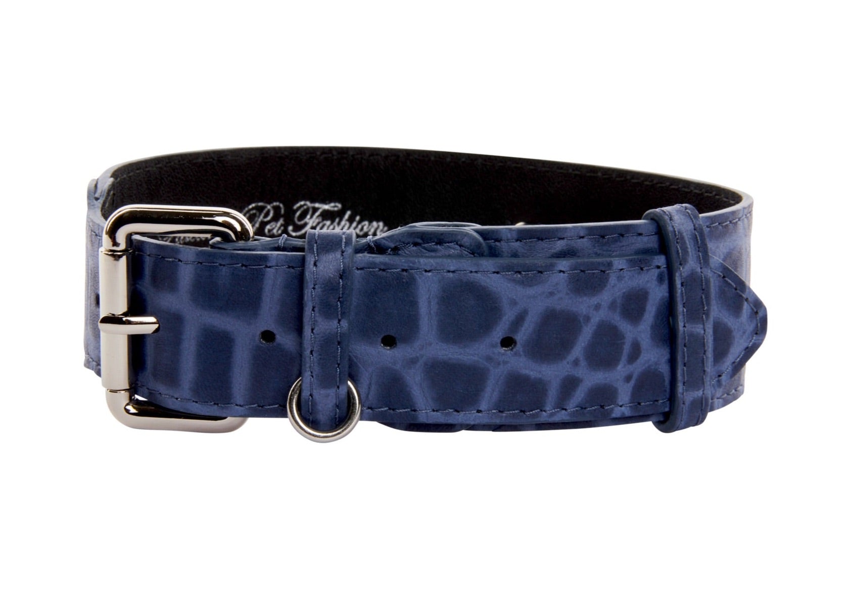 Allysa Payne Blue Embossed Croc Italian Leather Dog Collar With Silver Classic Hardware
