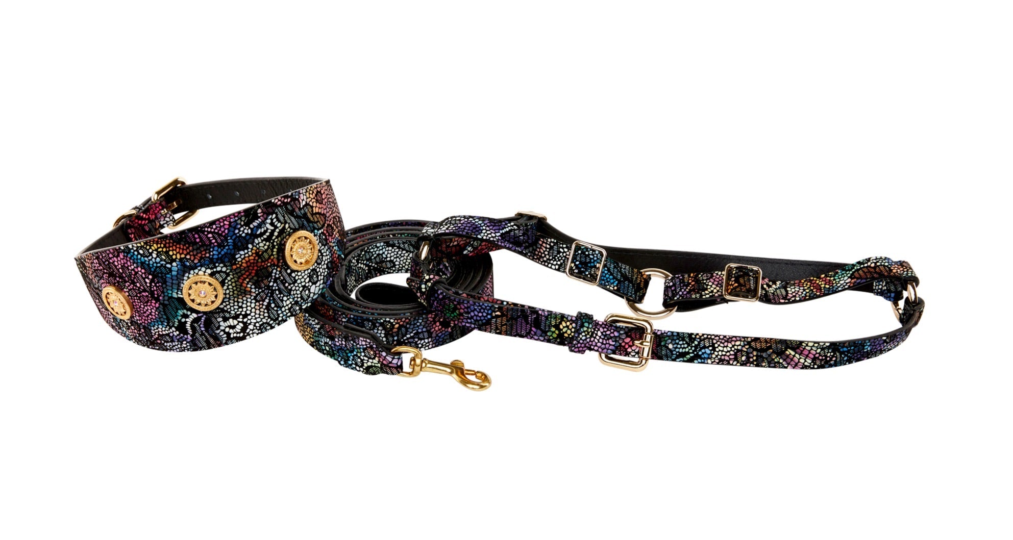 Floral/Lace Embossed Italian Leather 3” Wide Style  Collar With Custom Swarovski Sunflower Rivets, Leash, Harness Set